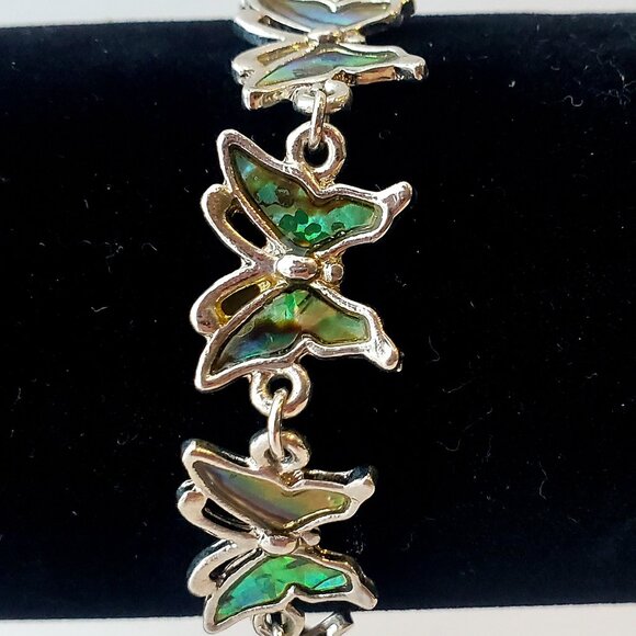 Abalone Butterfly Silver Chain Link Bracelet Teal Green & Blue tones Boho Chic - Picture 2 of 5